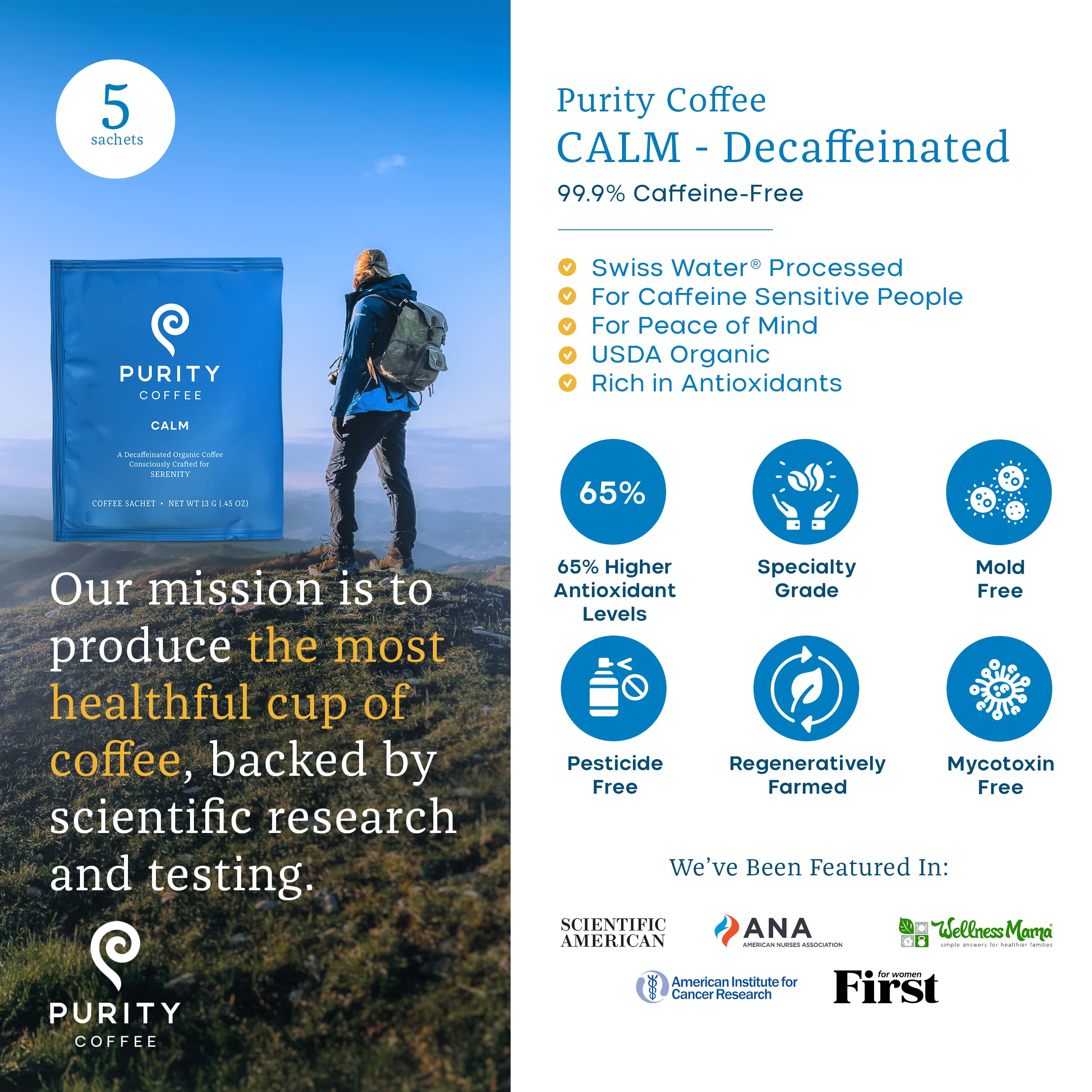 PURITY COFFEE single sachet close-up highlighting sealed freshness and easy brewing