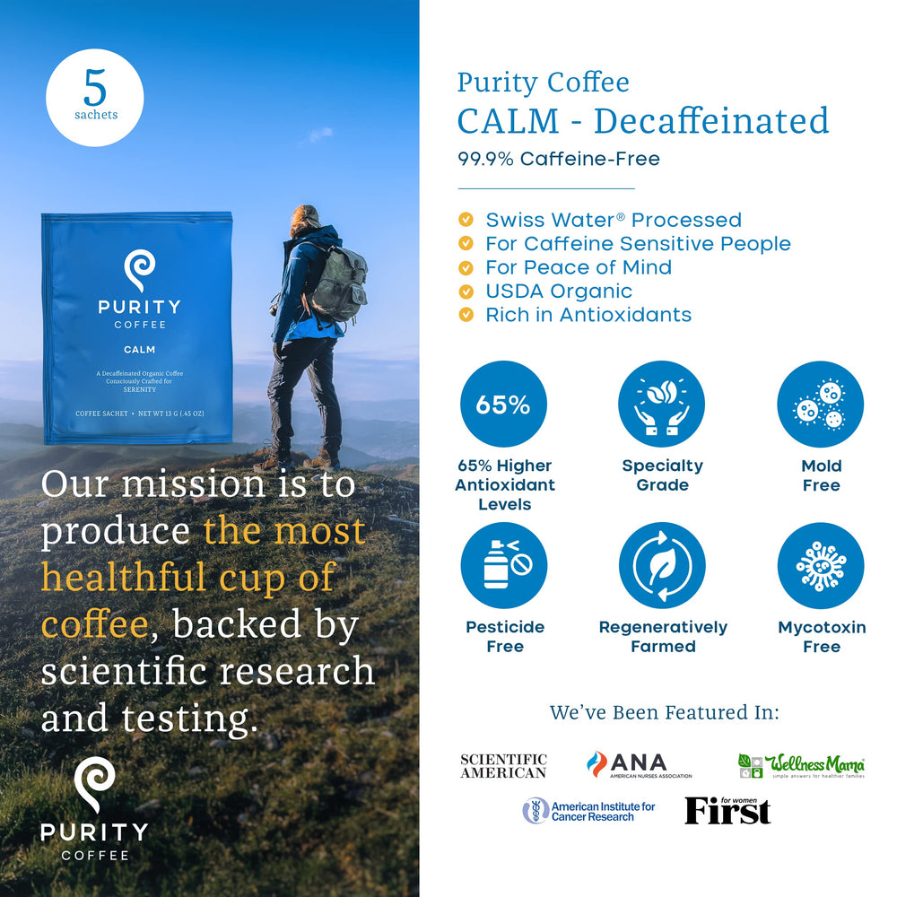 PURITY COFFEE single sachet close-up highlighting sealed freshness and easy brewing