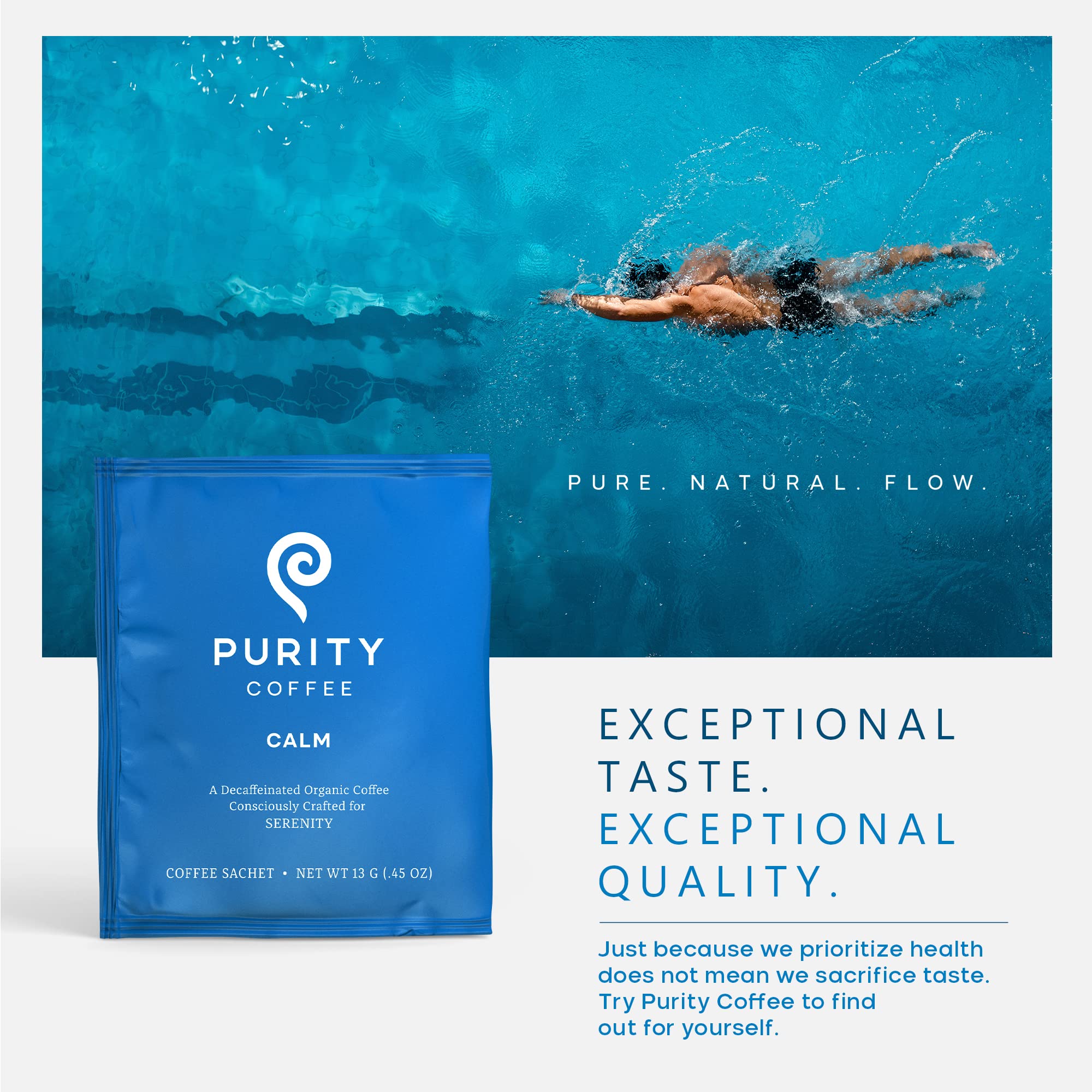 PURITY COFFEE sachet beside ruler demonstrating single-serve size and travel-ready convenience