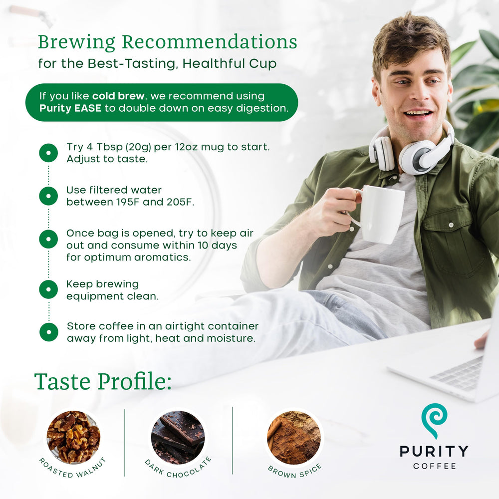 PURITY COFFEE bag label detail highlighting certifications and purity assurance