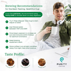 PURITY COFFEE bag label detail highlighting certifications and purity assurance