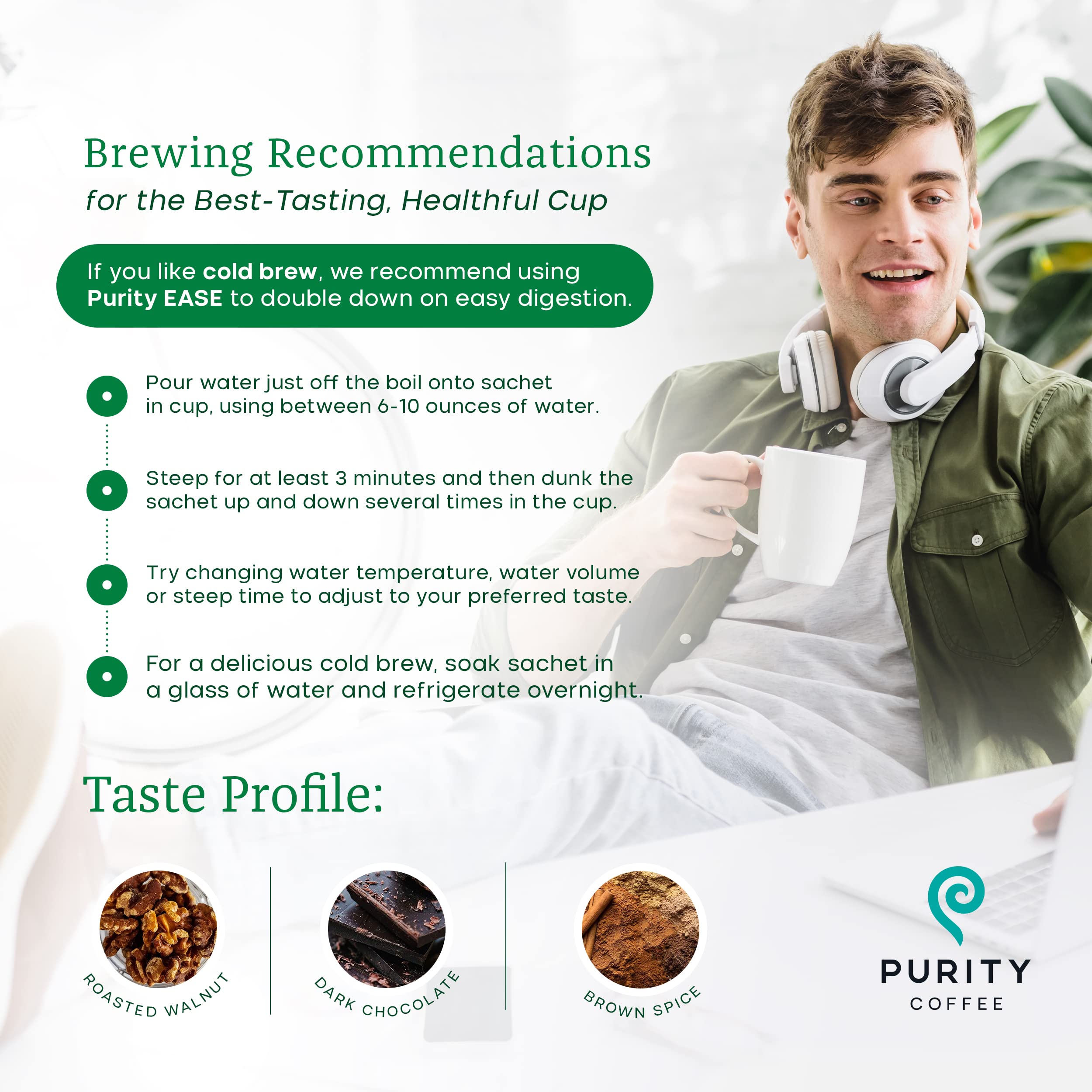PURITY COFFEE brewed cup in hand illustrating low-acid comfort
