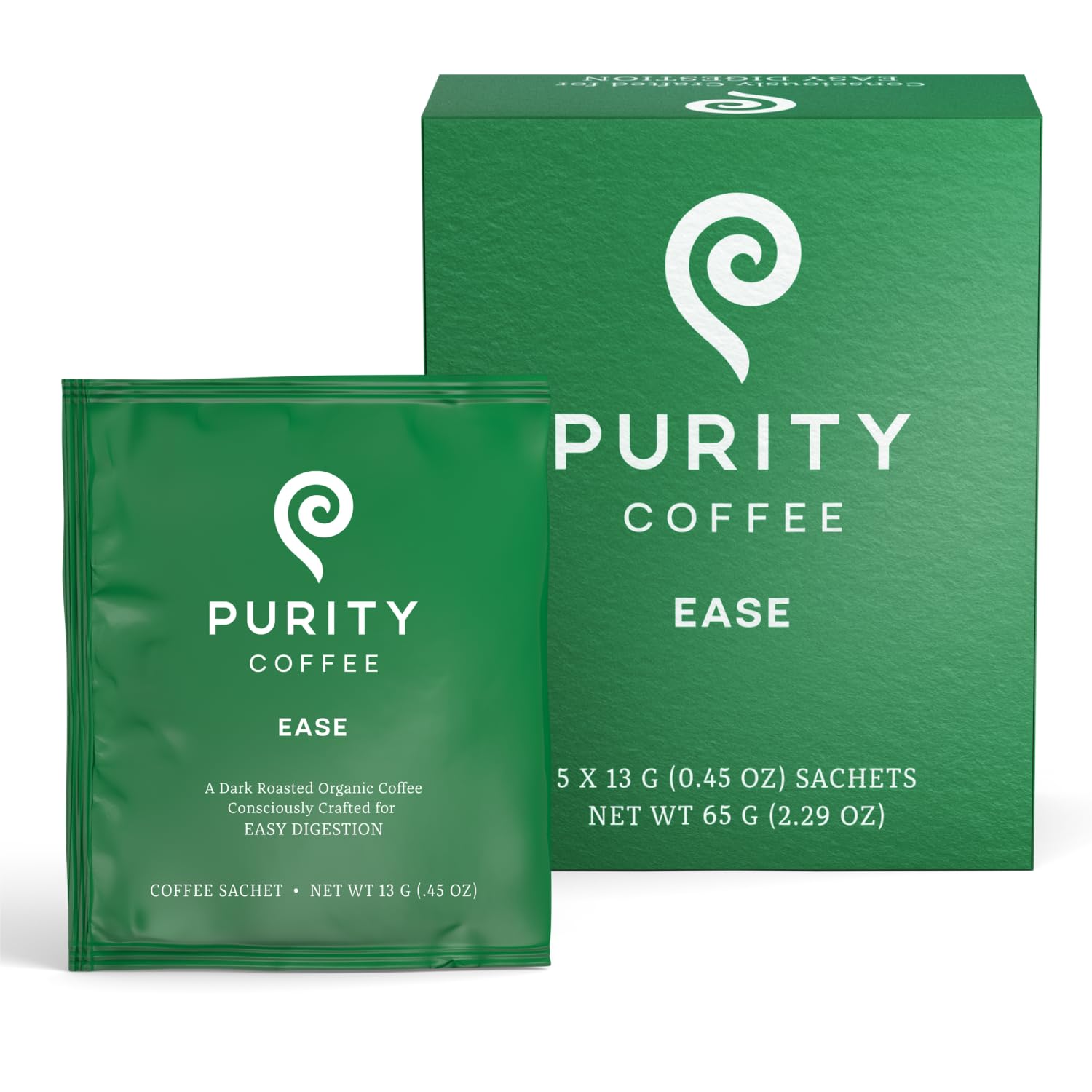PURITY COFFEE front box showing EASE 5ct and travel-ready convenience