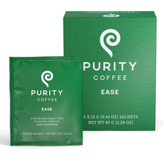 PURITY COFFEE front box showing EASE 5ct and travel-ready convenience