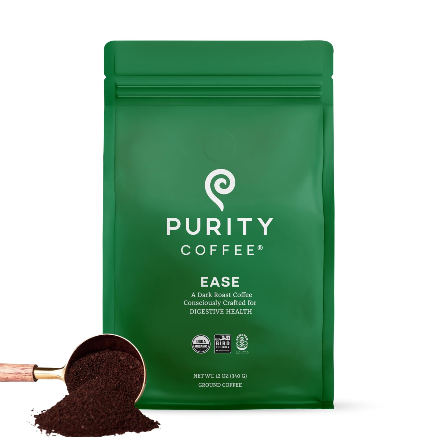PURITY COFFEE front bag view showing branding and low-acid claim with clear benefits
