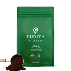 PURITY COFFEE front bag view showing branding and low-acid claim with clear benefits