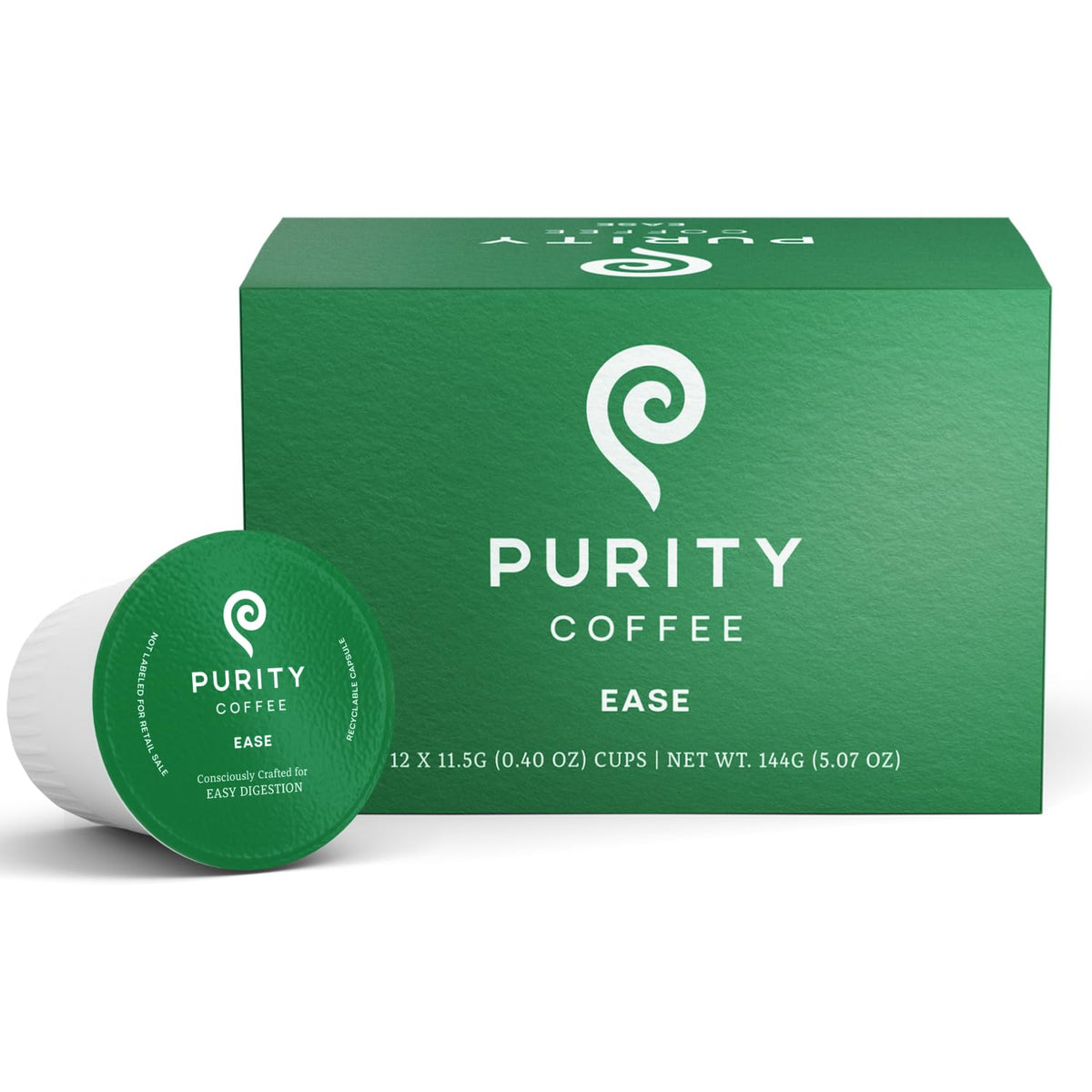 PURITY COFFEE EASE box front showing branding and roast benefits