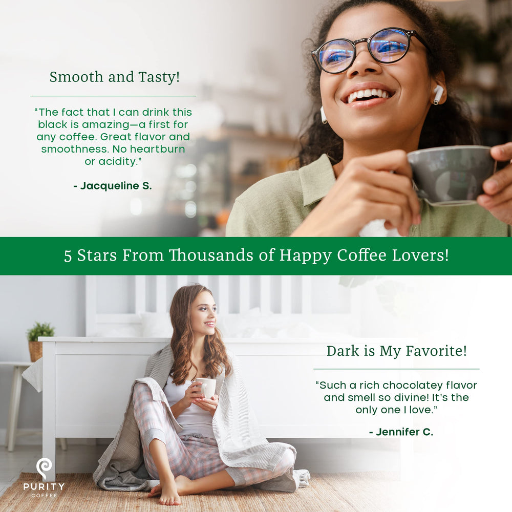 PURITY COFFEE label with USDA Organic and Rainforest Alliance certifications