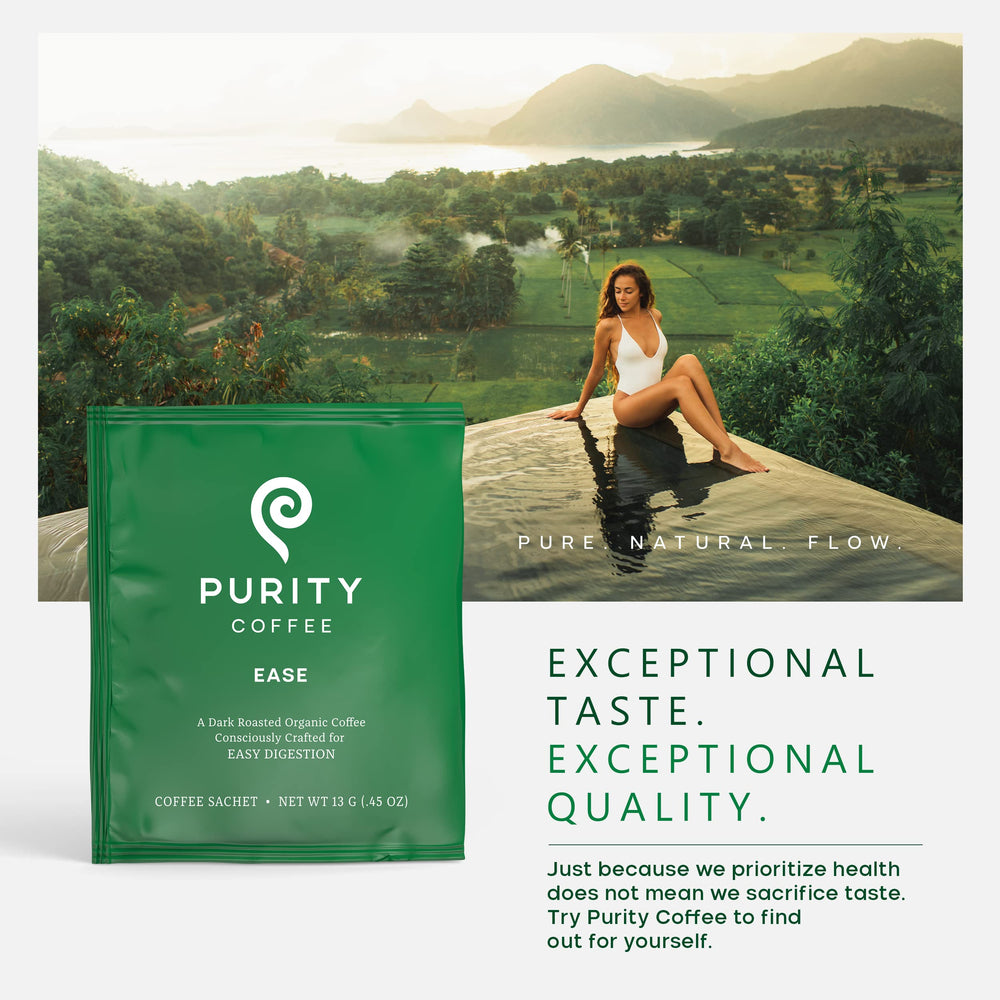 PURITY COFFEE packaging label displaying organic and sustainability badges