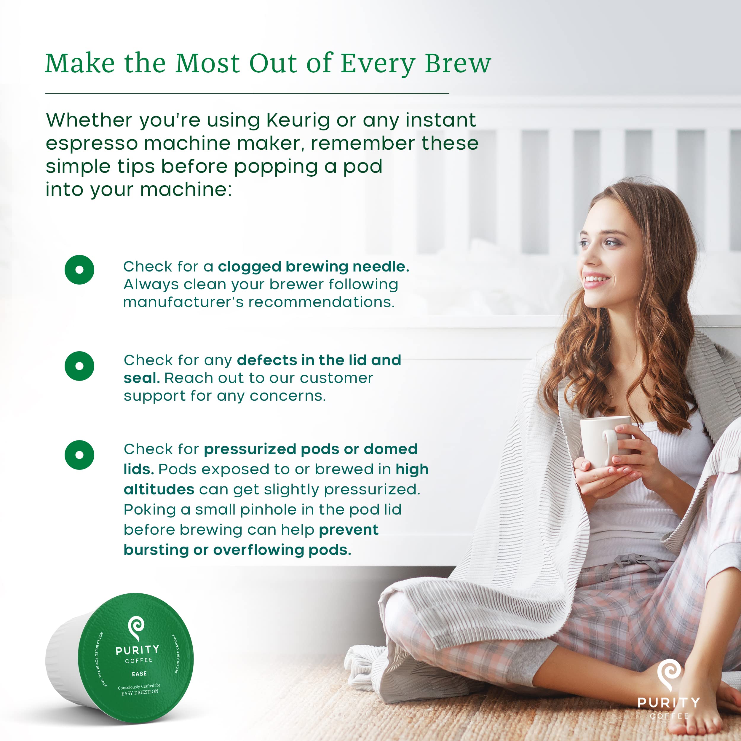 PURITY COFFEE EASE label with organic and certification icons for clean sourcing