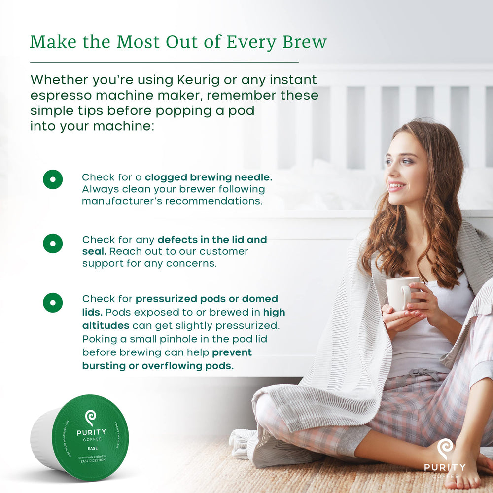 PURITY COFFEE EASE label with organic and certification icons for clean sourcing