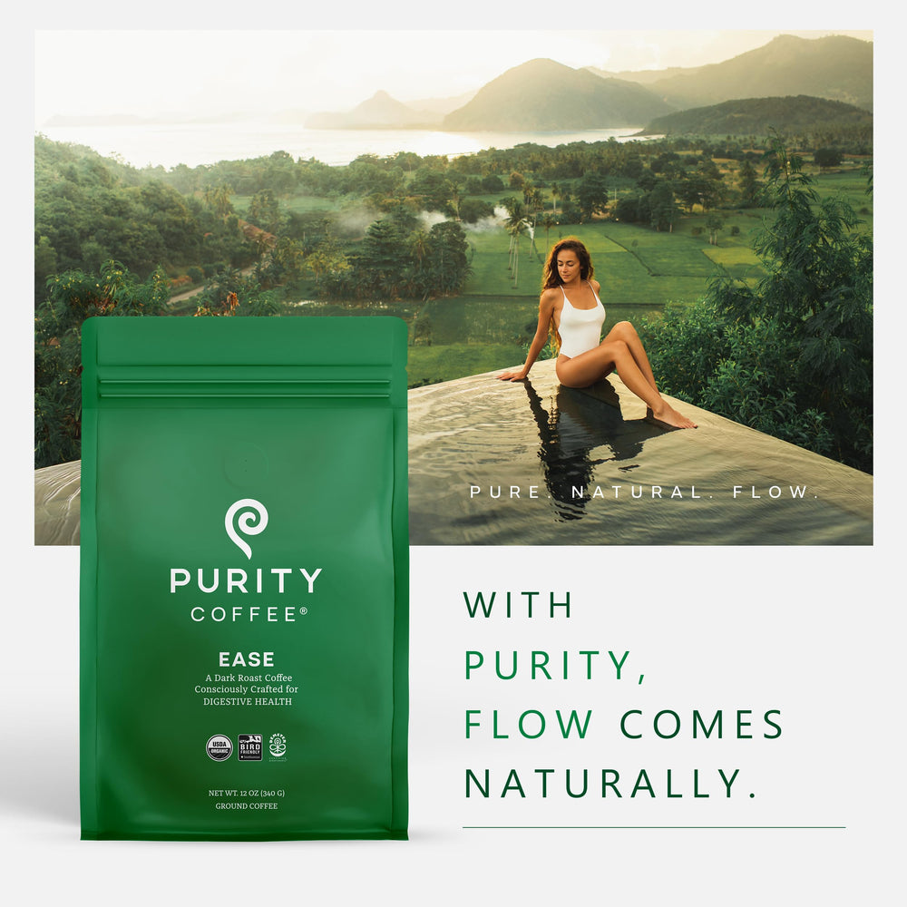 PURITY COFFEE 12oz bag beside a mug to show size and portion convenience