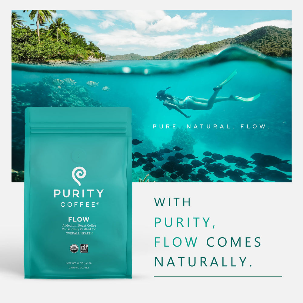 PURITY COFFEE 12oz bag beside everyday items showing convenient size for freshness