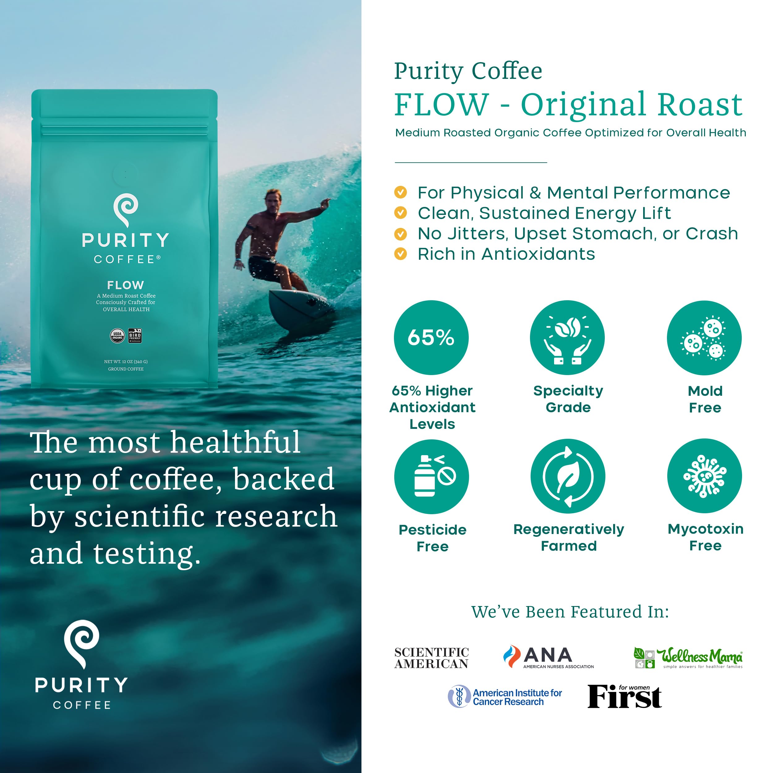 PURITY COFFEE close-up of whole beans showing roast color and evenness for flavor
