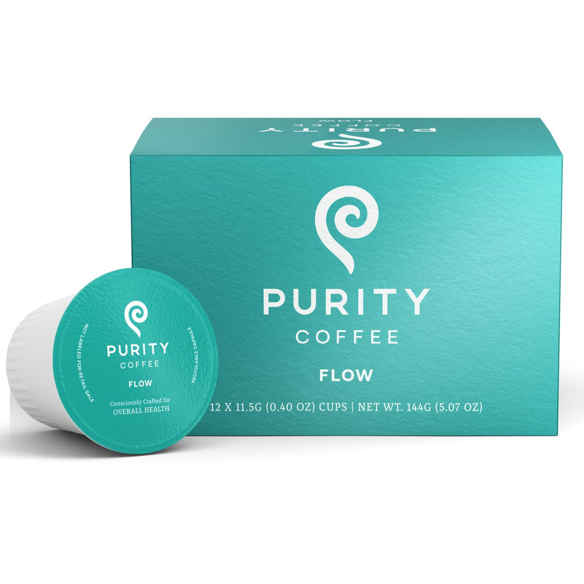 PURITY COFFEE FLOW front box showing brand and sustainable badges for trusted sourcing