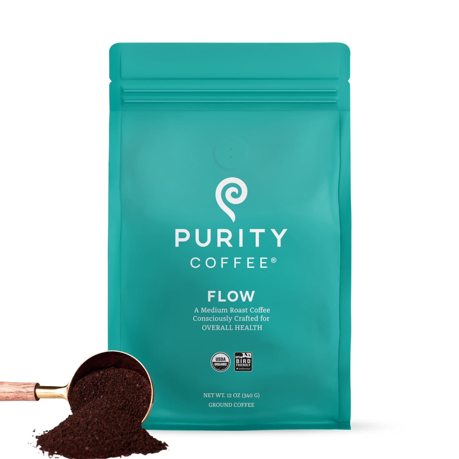 PURITY COFFEE front packaging displaying FLOW 12oz bag and certifications for quality