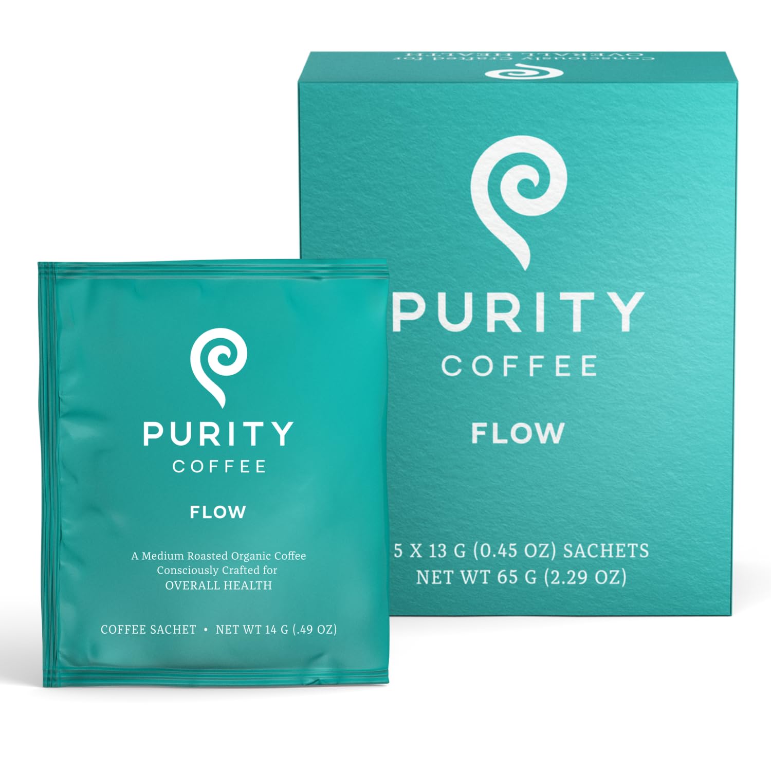 PURITY COFFEE front packaging showing 5-count box and clean design for easy storage