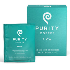 PURITY COFFEE front packaging showing 5-count box and clean design for easy storage