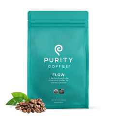 PURITY COFFEE front packaging displaying FLOW 12oz bag and certifications benefit clarity