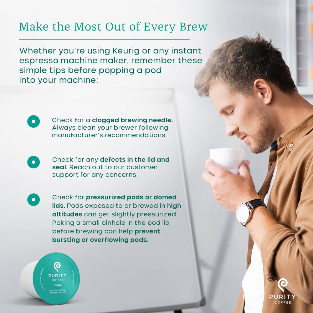 PURITY COFFEE FLOW in a kitchen scene demonstrating convenient fresh single-cup brewing