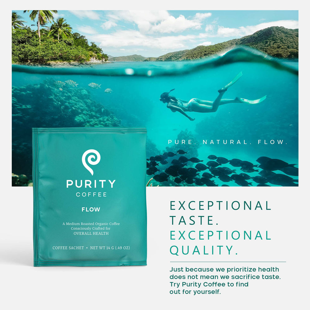 PURITY COFFEE label and certifications highlighting organic and sustainability benefits