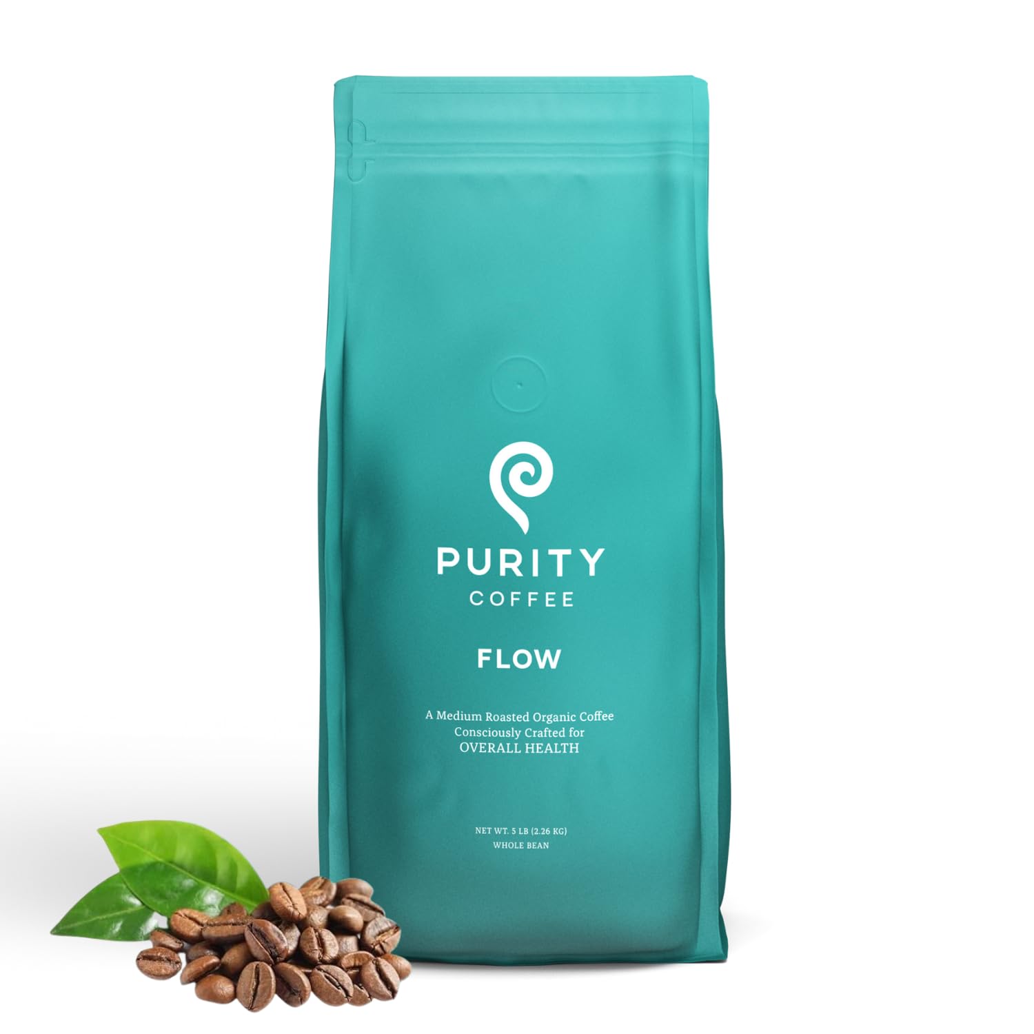 PURITY COFFEE front packaging of FLOW 5 lb bag showing seal and label, clear supply benefit