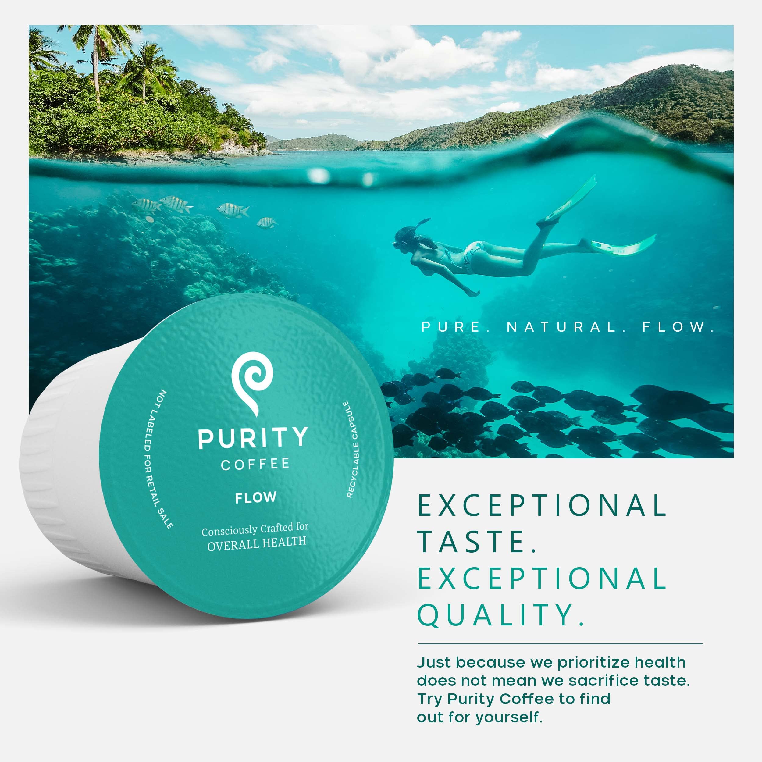 PURITY COFFEE FLOW packaging freshness seal illustrating nitrogen-flushed protection for antioxidants