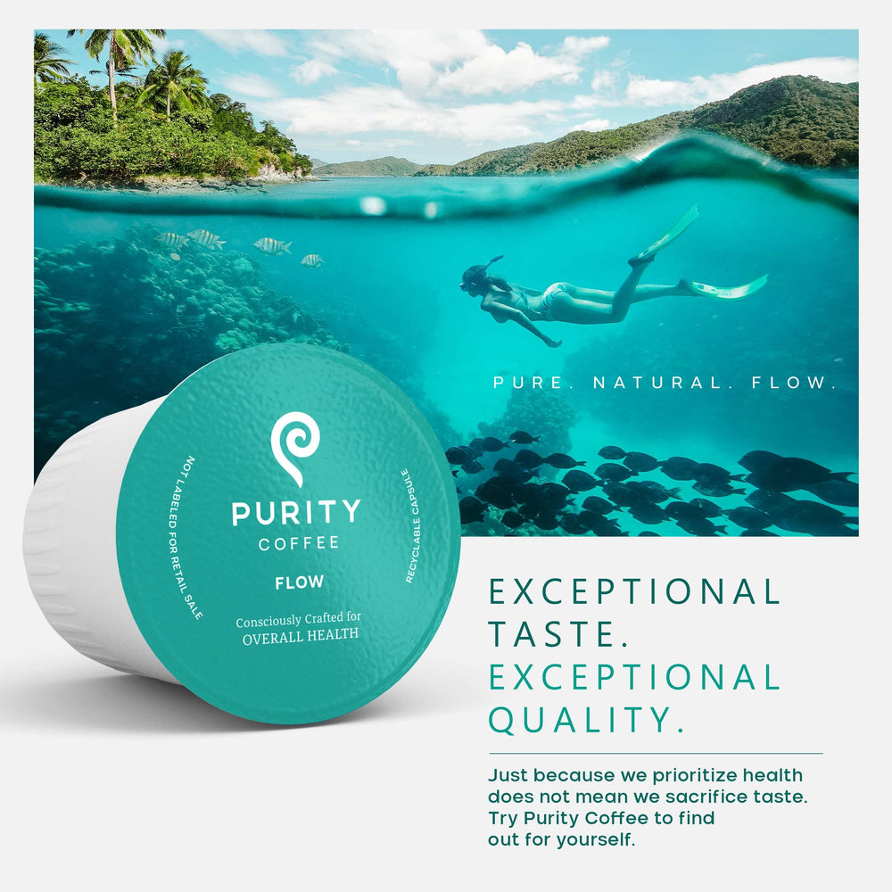 PURITY COFFEE FLOW packaging freshness seal illustrating nitrogen-flushed protection for antioxidants