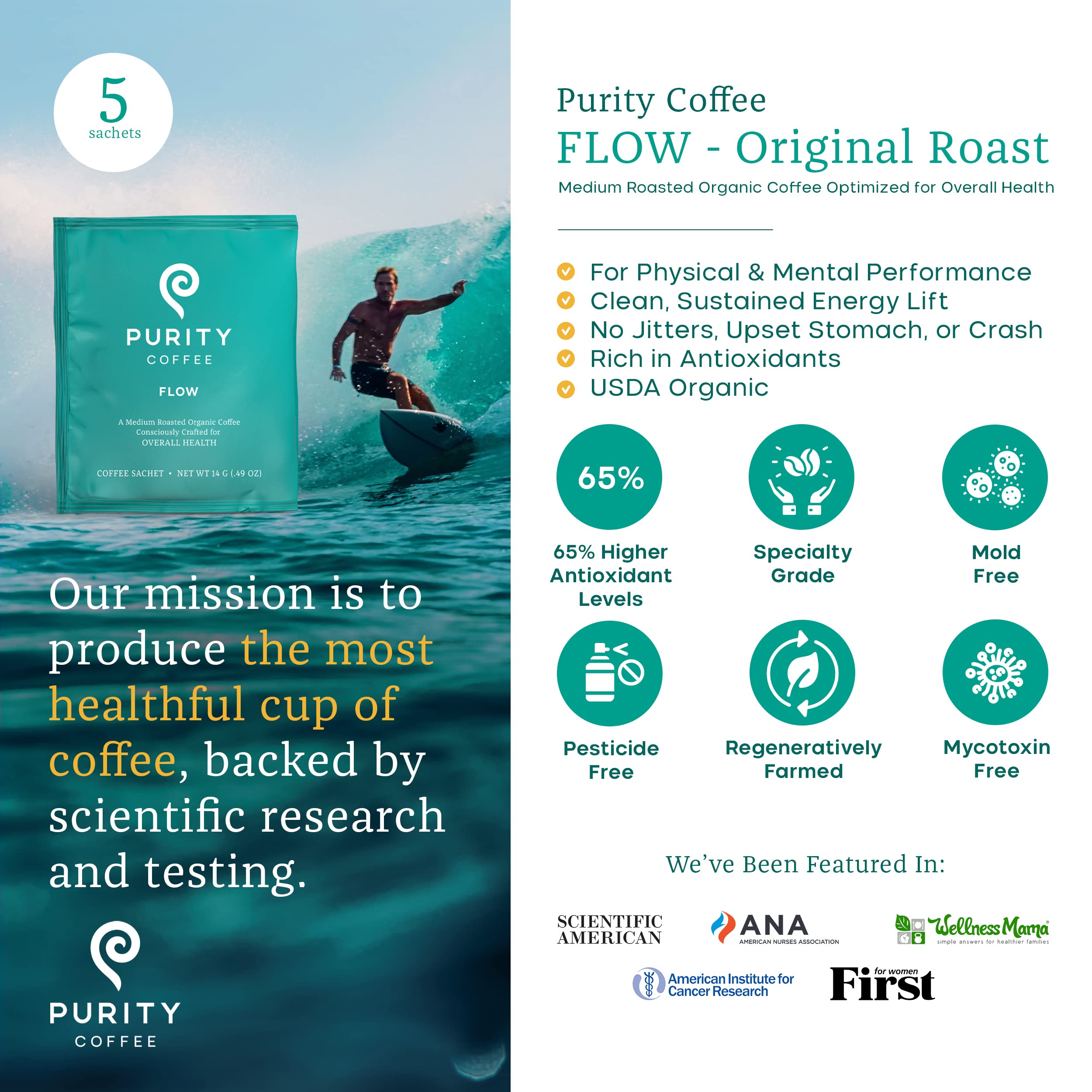 PURITY COFFEE sachet close-up showing sealed pouch and preserved freshness
