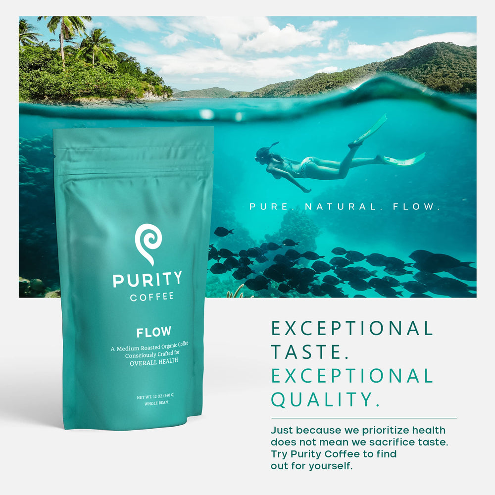 PURITY COFFEE 12oz bag held in hand showing scale and convenient portioning benefit