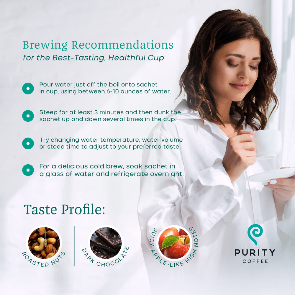 PURITY COFFEE sachet held in hand to show compact single-serve convenience