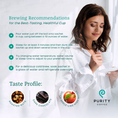 PURITY COFFEE sachet held in hand to show compact single-serve convenience