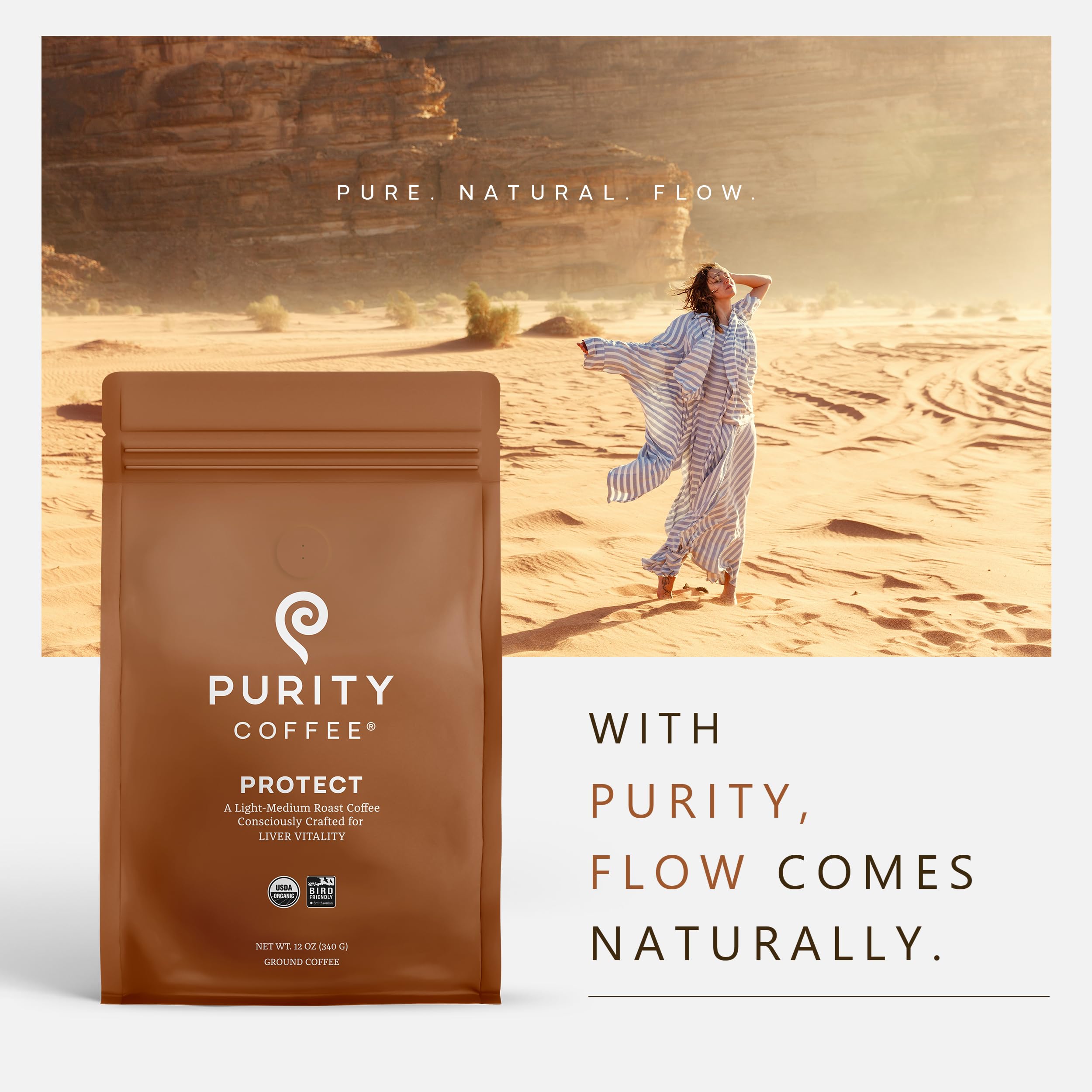 PURITY COFFEE label with USDA Organic and Rainforest Alliance showing trusted sourcing