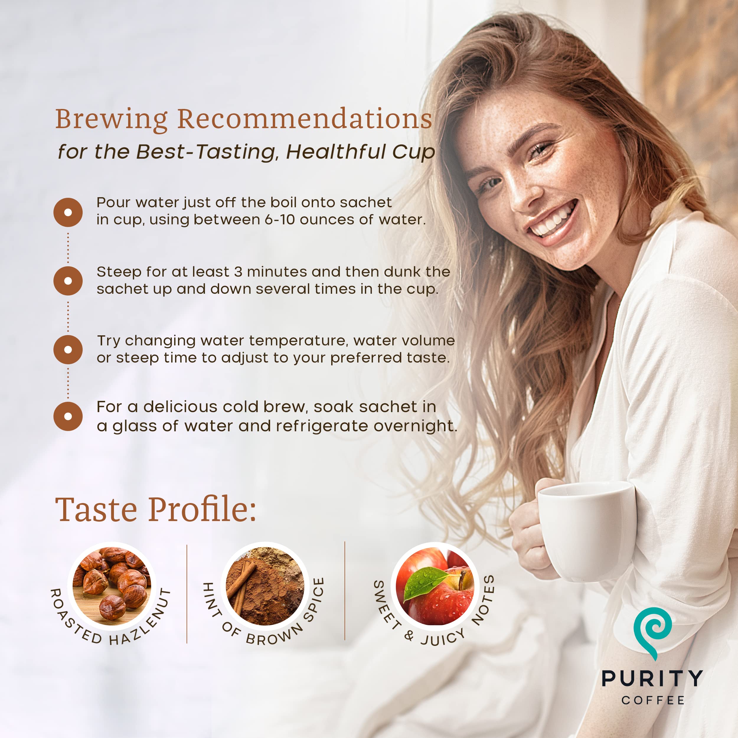 PURITY COFFEE brewing sachet in a pour‑over delivering clean cup benefit