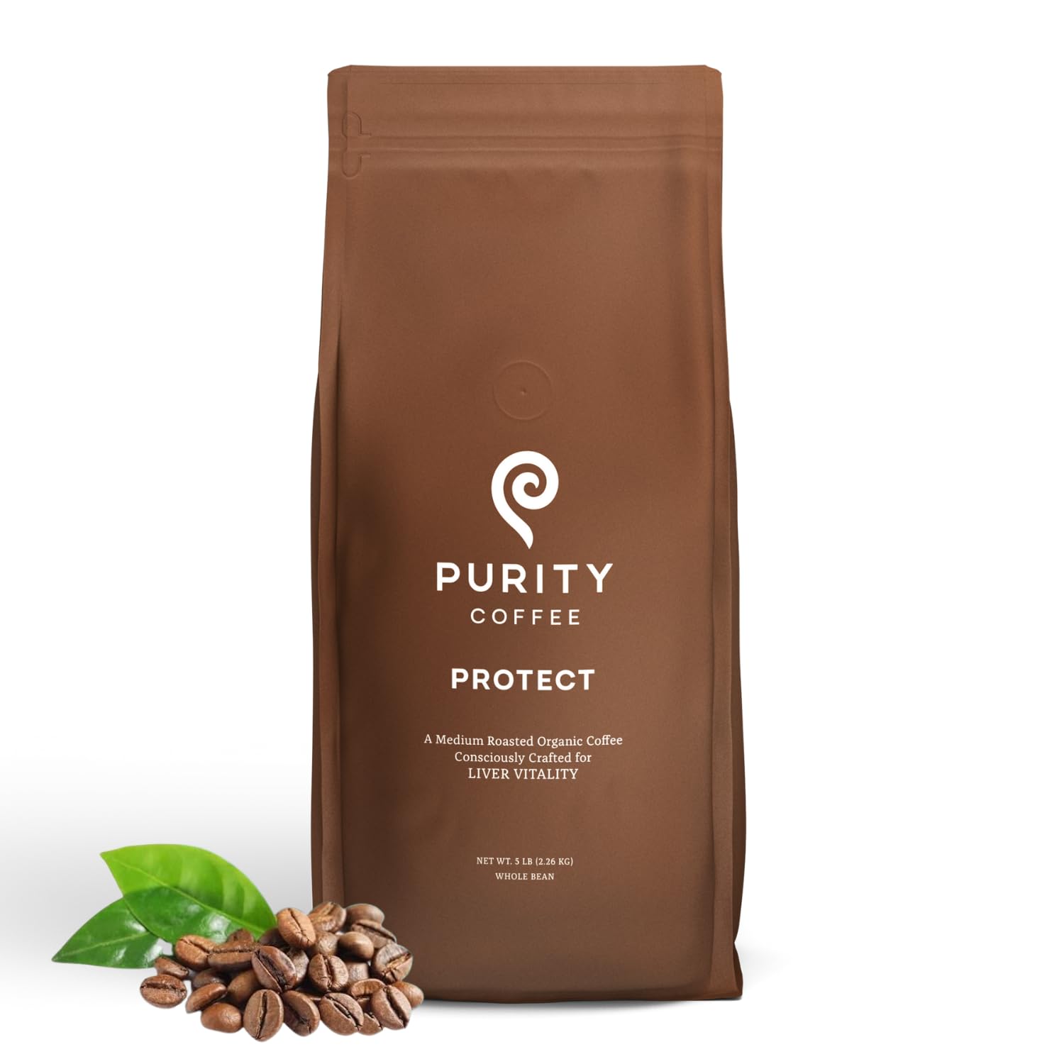 PURITY COFFEE PROTECT front bag showing label and certifications for confidence