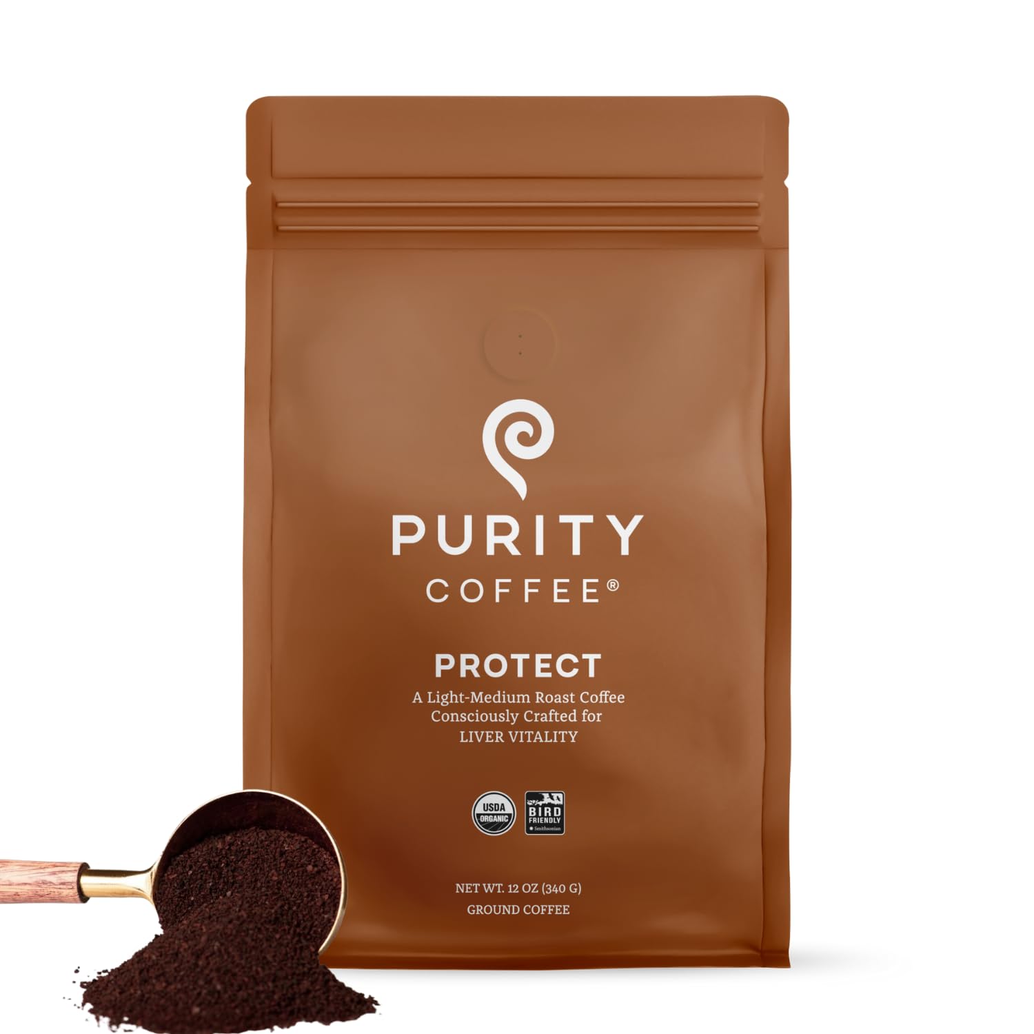 PURITY COFFEE front packaging showing 12oz bag and freshness seal benefits taste