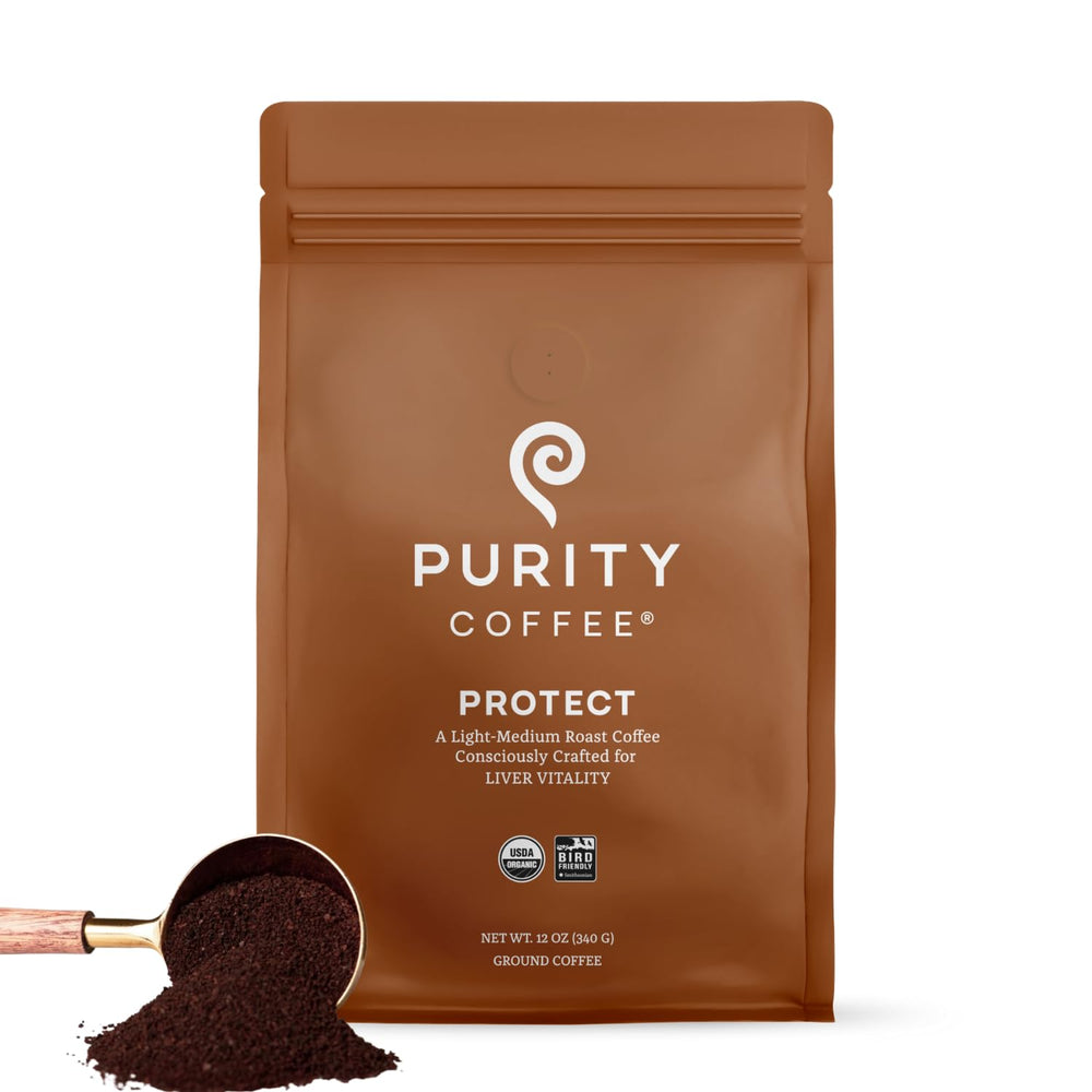 PURITY COFFEE front packaging showing 12oz bag and freshness seal benefits taste