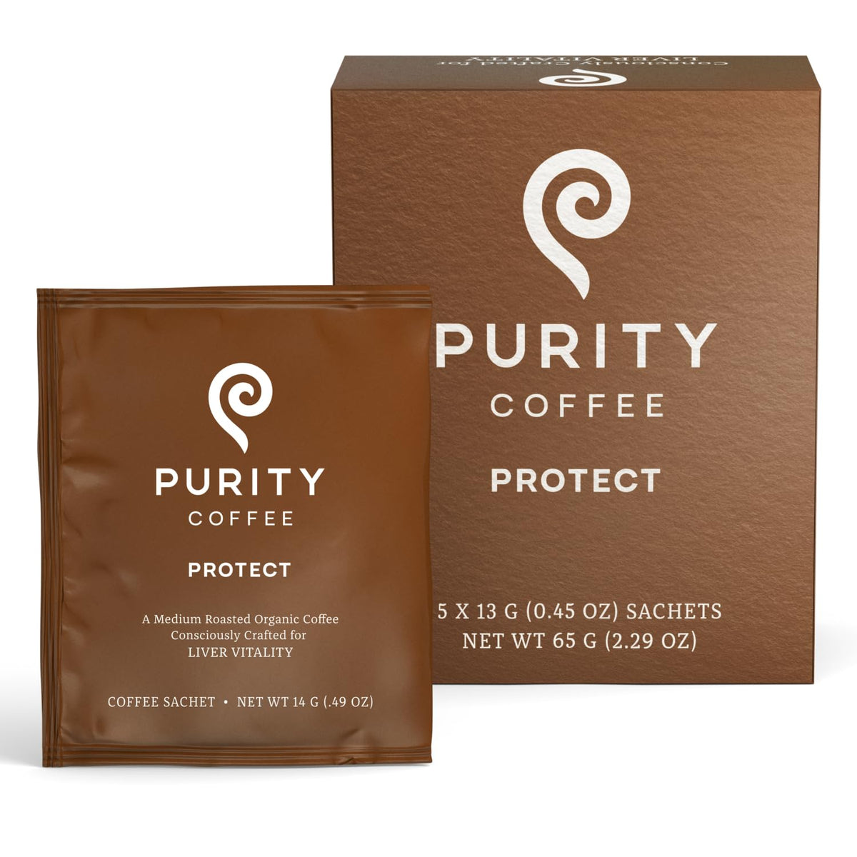 PURITY COFFEE front packaging showing PROTECT 5‑count box and certifications benefit convenience