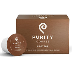 PURITY COFFEE Protect box front showing design and 12-count packaging for convenience