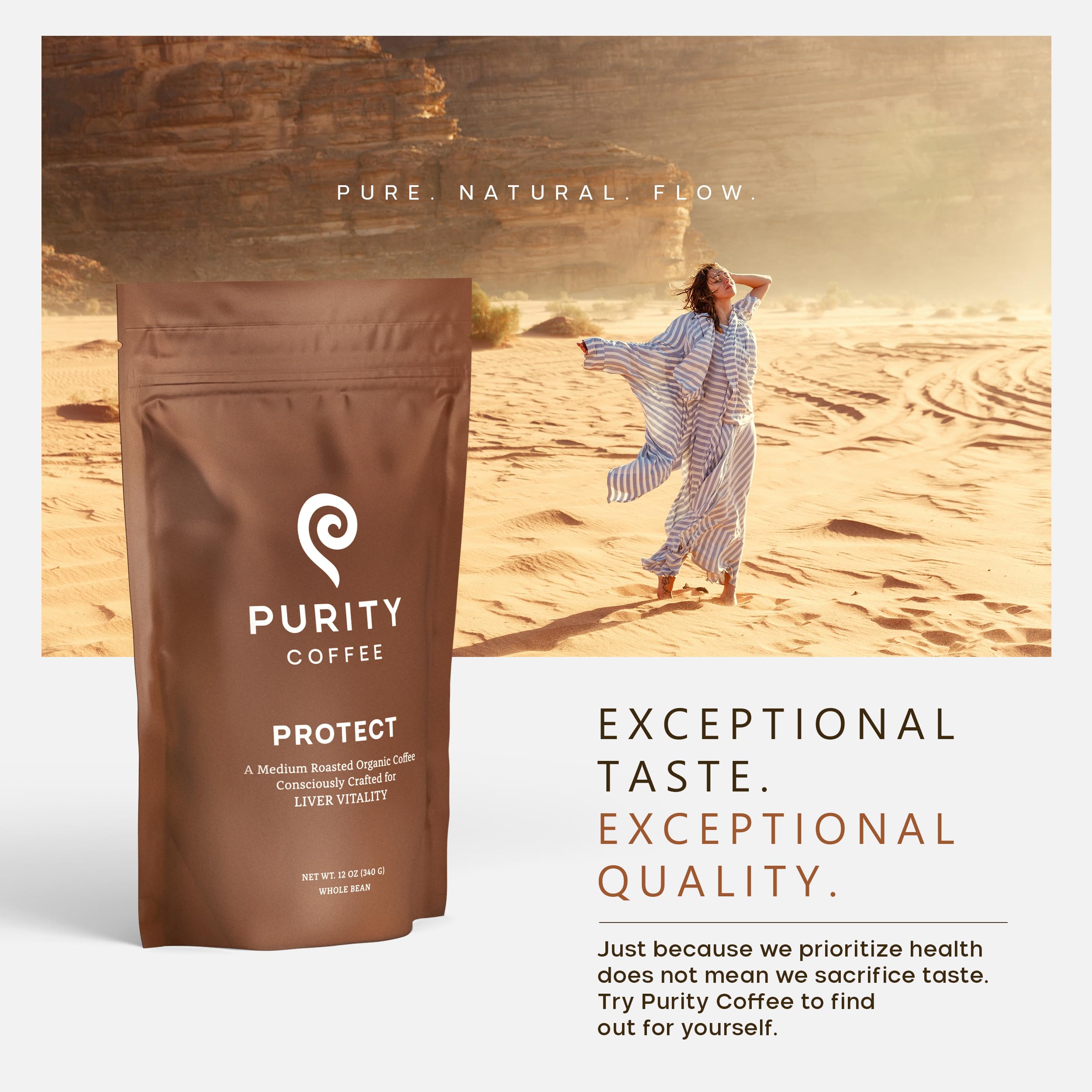 PURITY COFFEE bag beside brewed cup in kitchen conveying enjoyable daily ritual