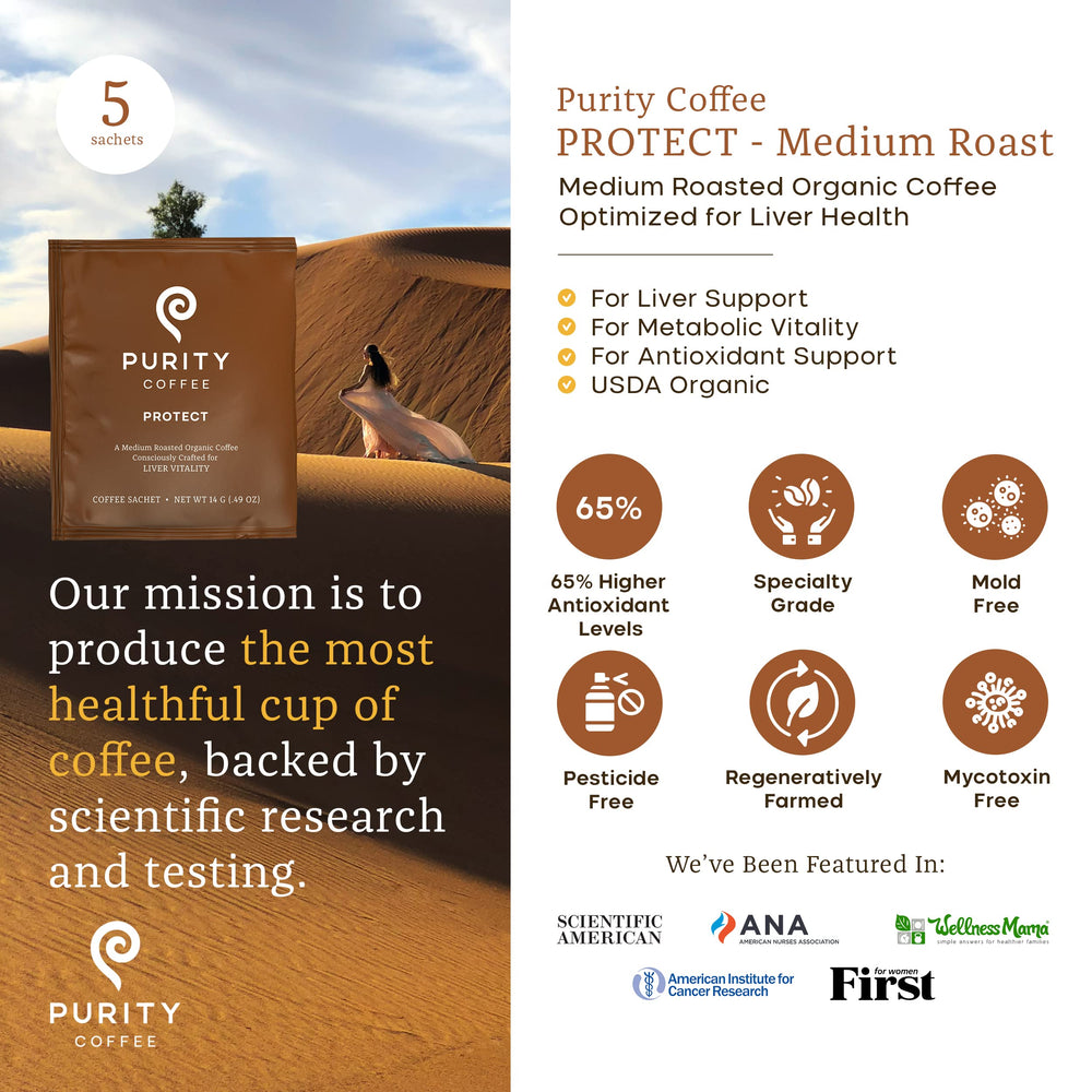 PURITY COFFEE closeup of single‑serve sachet highlighting seal and freshness benefit