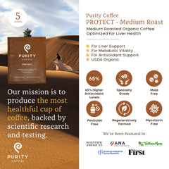 PURITY COFFEE closeup of single‑serve sachet highlighting seal and freshness benefit