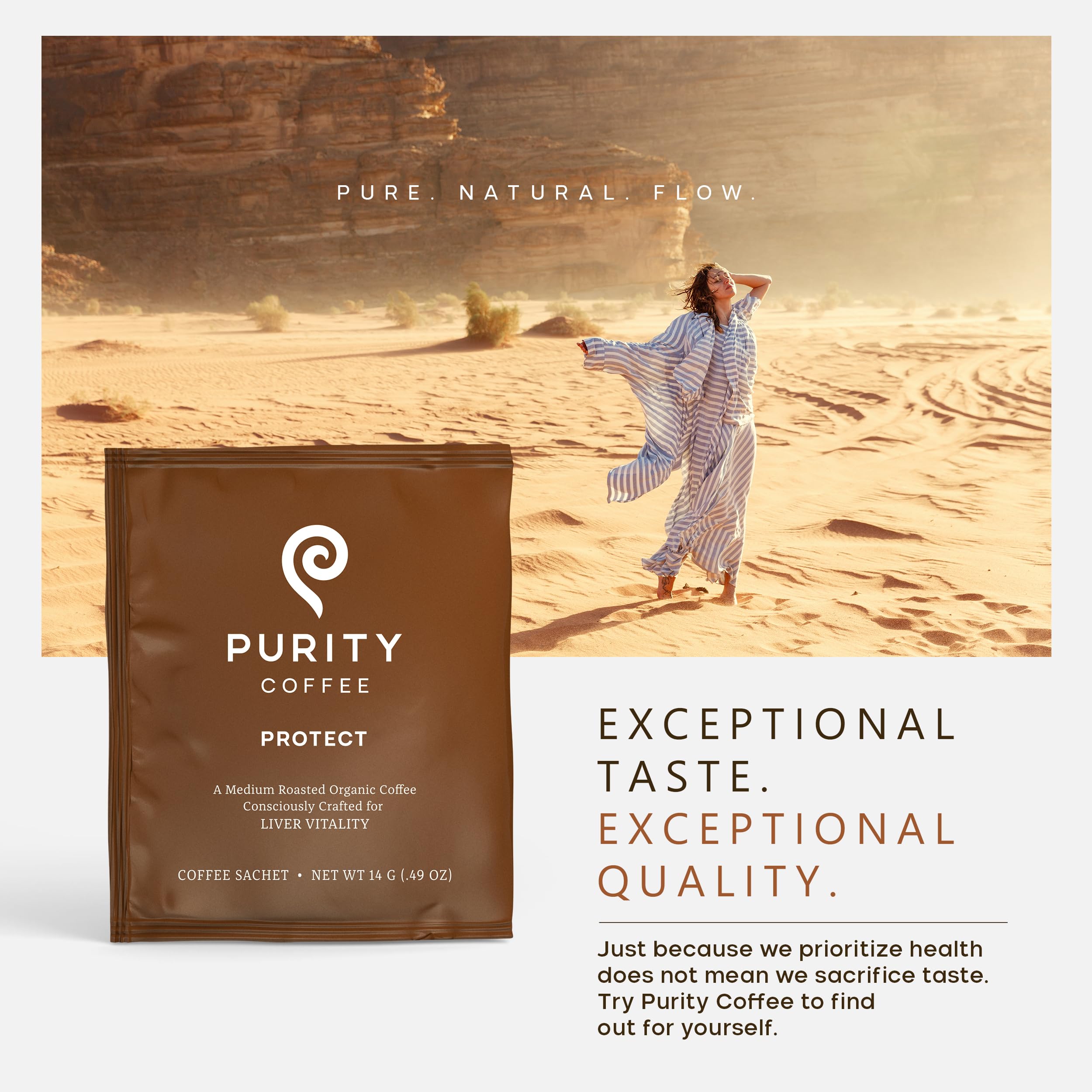 PURITY COFFEE sachet beside a measuring spoon to show portion size and easy use benefit