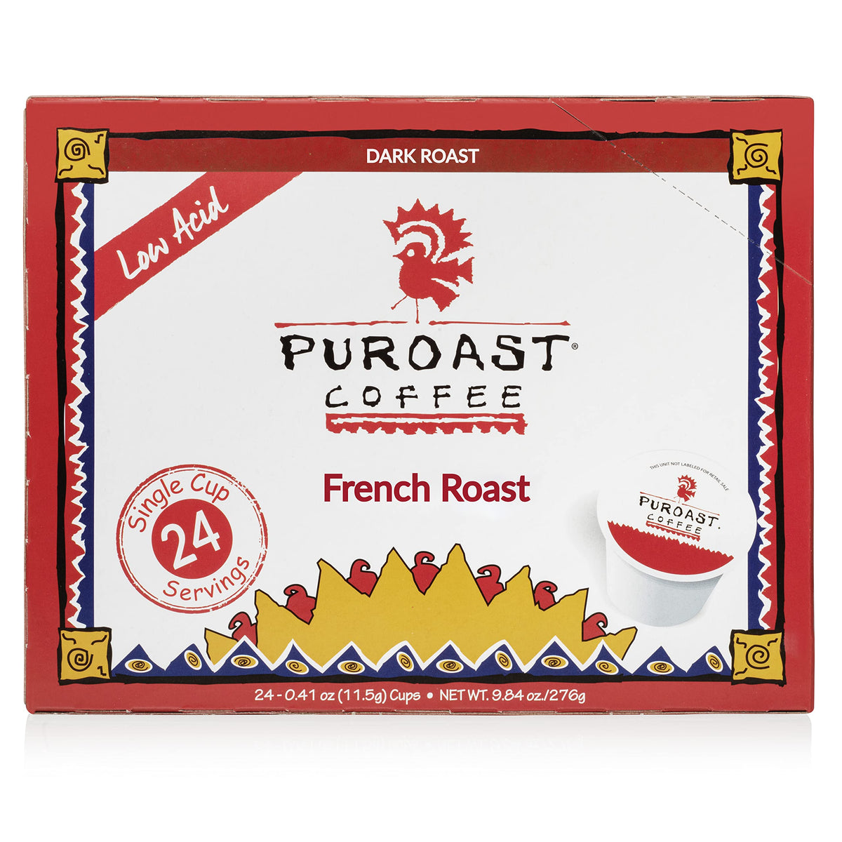 Puroast French Roast pod front packaging showing brand and low-acid benefit
