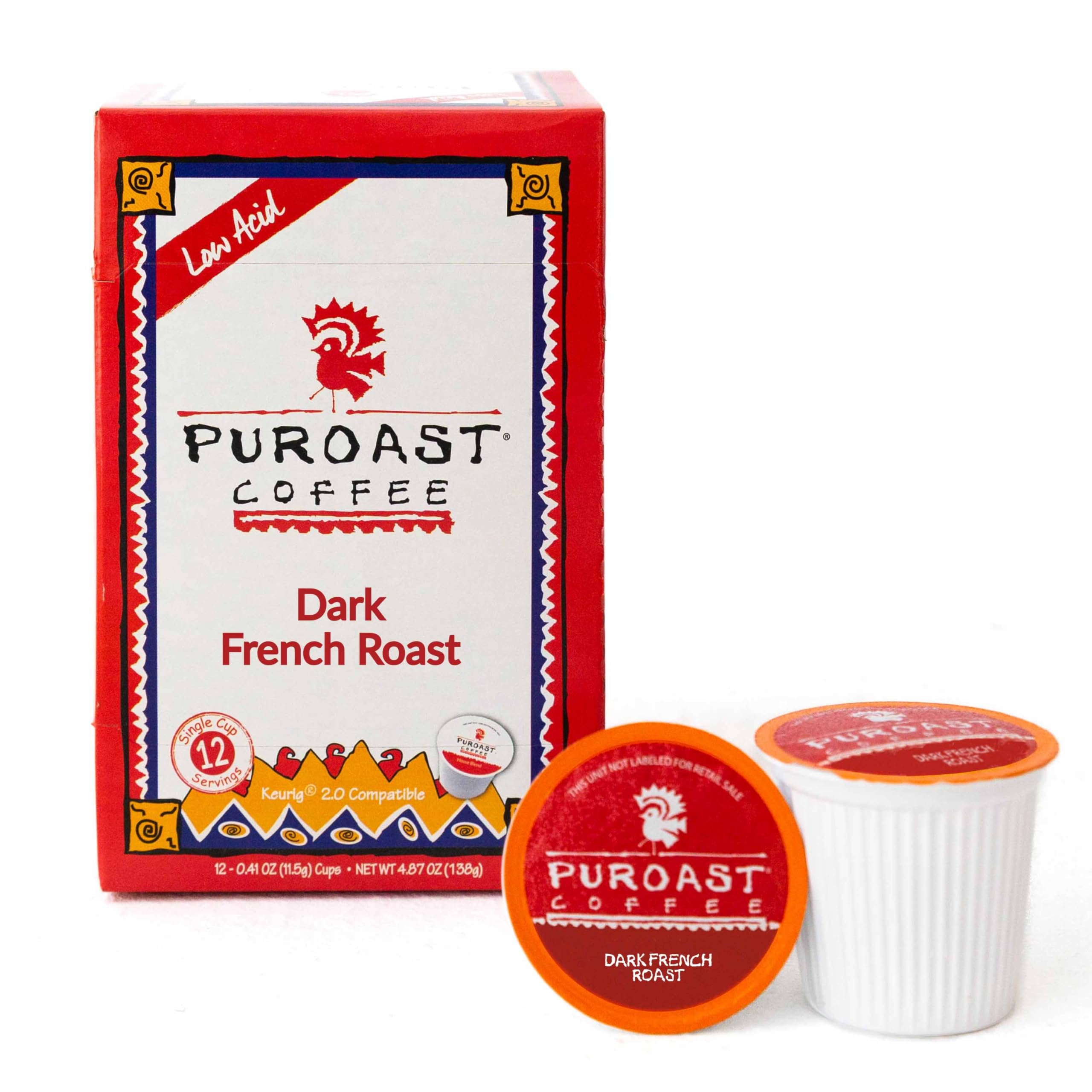 Puroast front packaging showcasing French Roast pods and easy brewing benefits