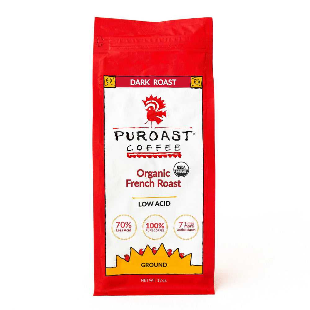 Puroast front packaging showing 12 oz bag and product details benefiting low-acid drinkers