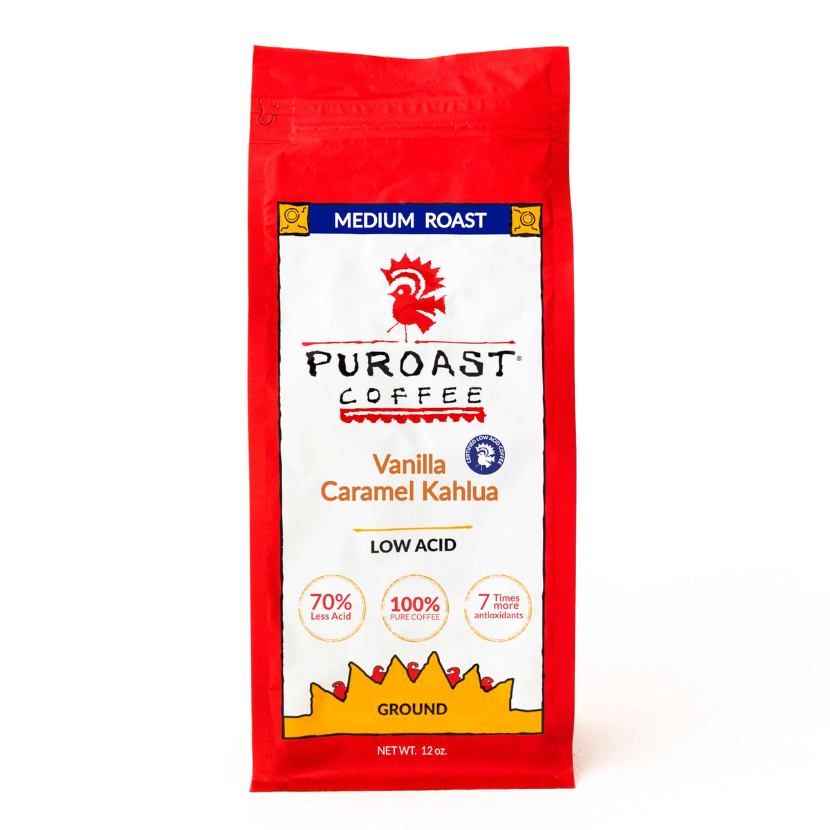 Puroast front packaging showing vanilla caramel Kahlua flavor and low-acid benefit