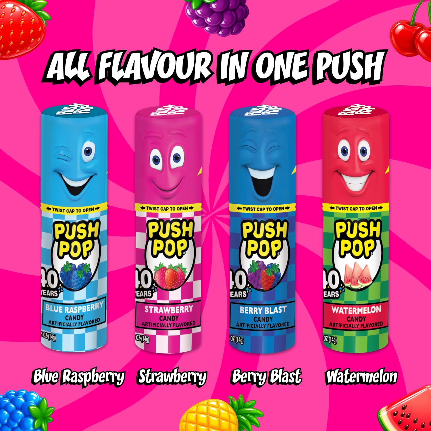 Push Pop assorted flavors laid out, shows Strawberry Blue Raspberry Berry Blast Watermelon