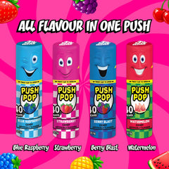 Push Pop assorted flavors laid out, shows Strawberry Blue Raspberry Berry Blast Watermelon
