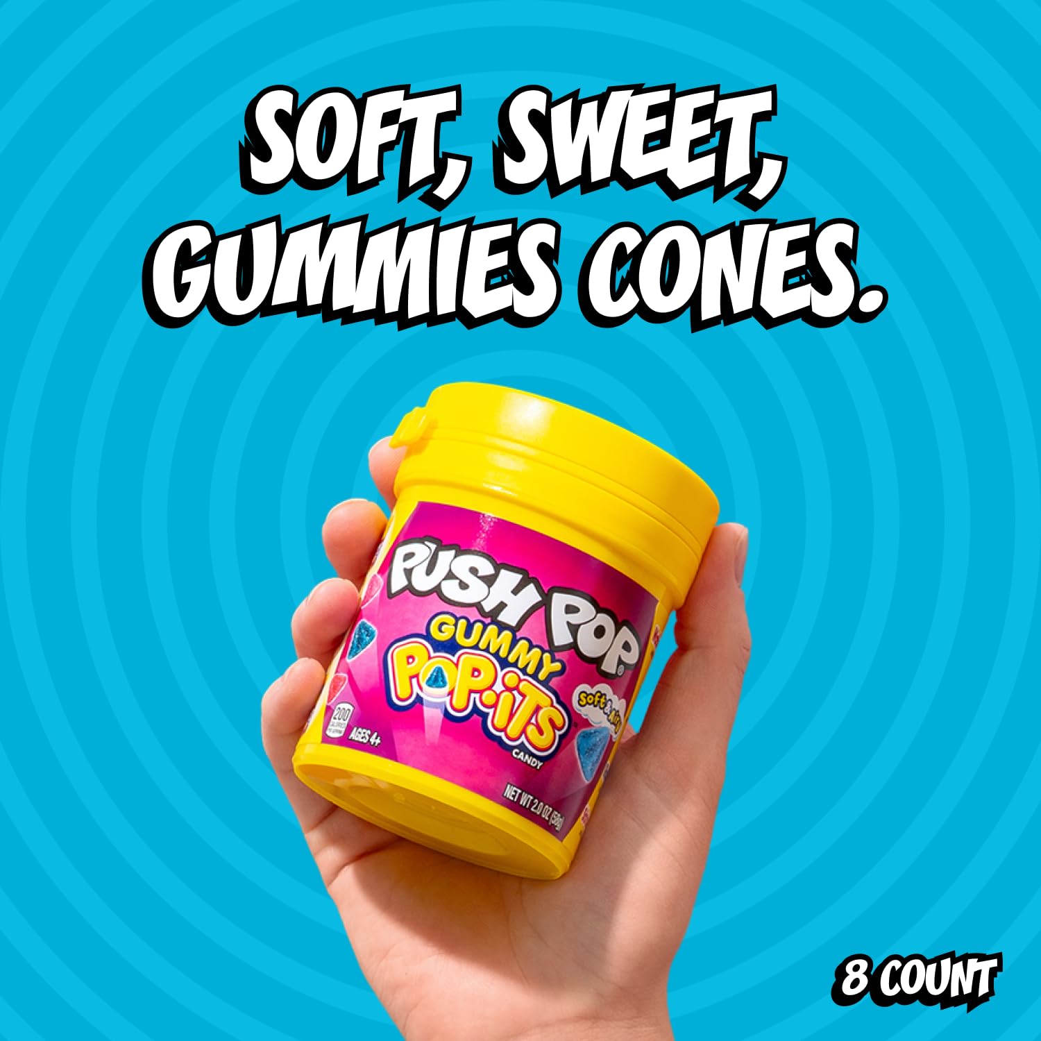 Push Pop open dispenser top view revealing gummies for easy one-hand access